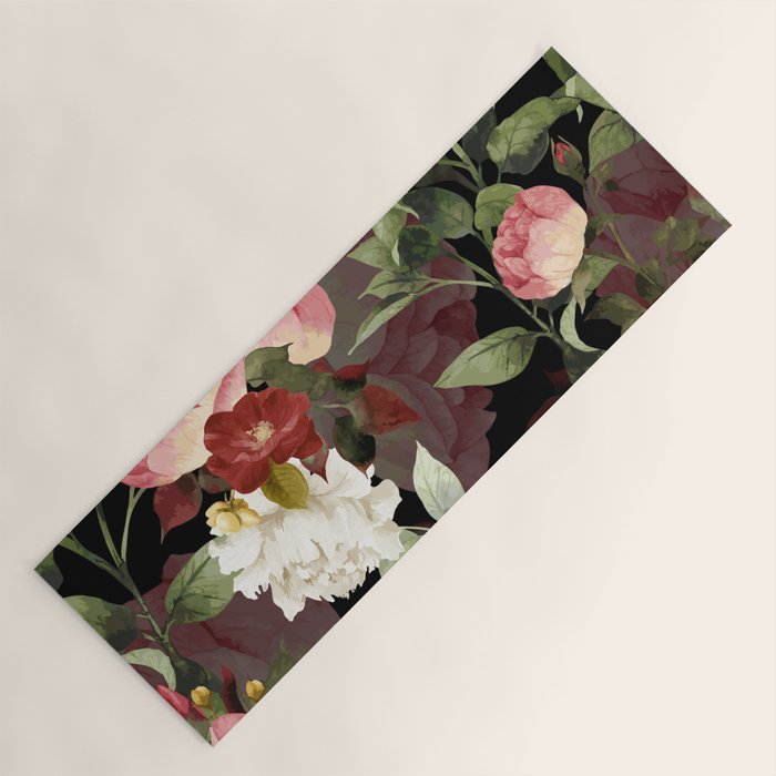 Floral Flower Pattern Watercolor White Pink Flowers Black Background Yoga Mat Gallery Image 1