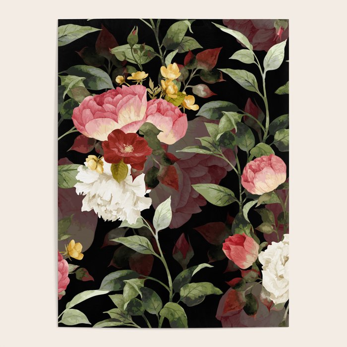 Floral Flower Pattern Watercolor White Pink Flowers Black Background Poster Gallery Image 1