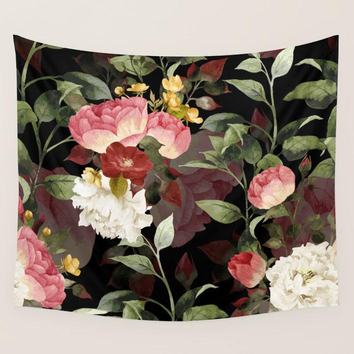 Floral Flower Pattern Watercolor White Pink Flowers Black Background Wall Tapestry Gallery Image 4