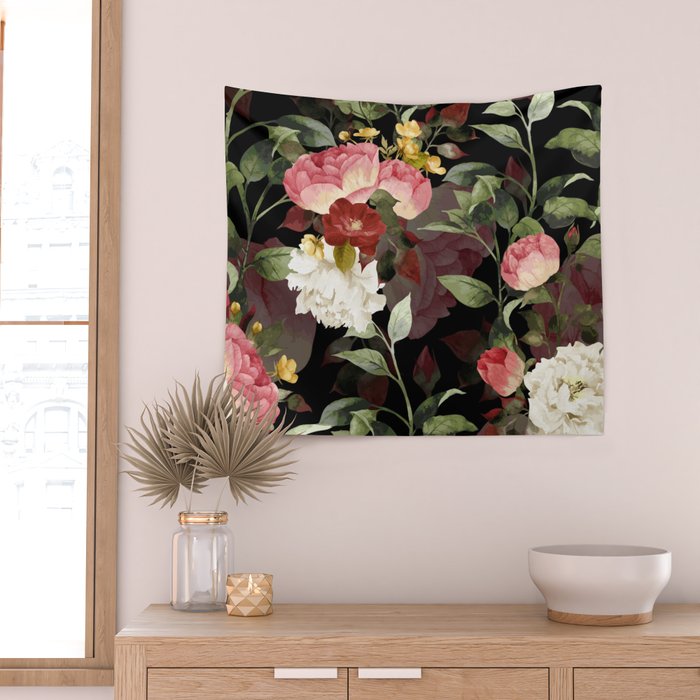 Floral Flower Pattern Watercolor White Pink Flowers Black Background Wall Tapestry Gallery Image 2
