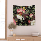Floral Flower Pattern Watercolor White Pink Flowers Black Background Wall Tapestry Gallery Image 2