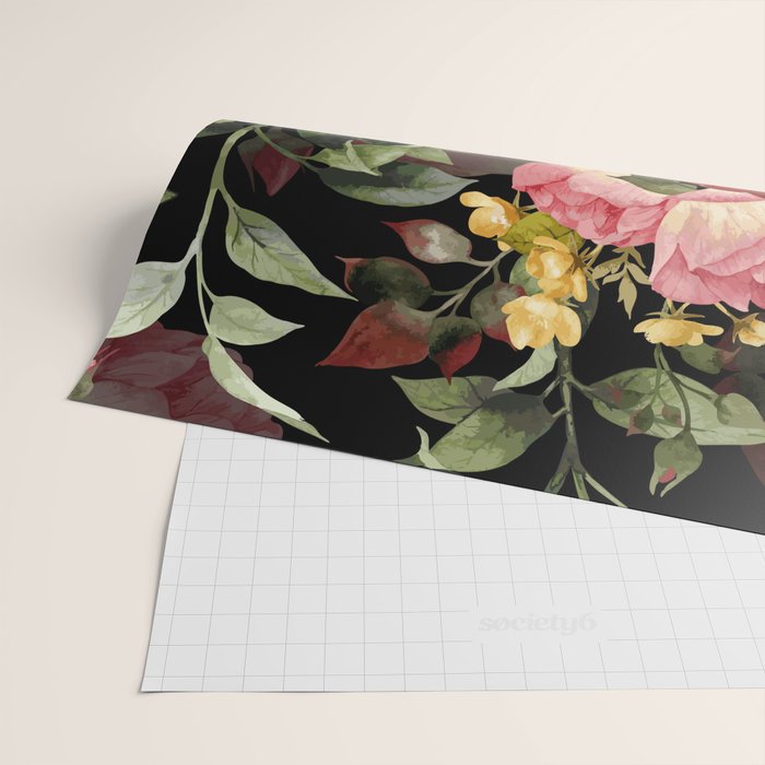 Floral Flower Pattern Watercolor White Pink Flowers Black Background Wrapping Paper Gallery Image 2
