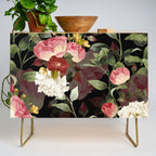 Floral Flower Pattern Watercolor White Pink Flowers Black Background Credenza Gallery Image 1