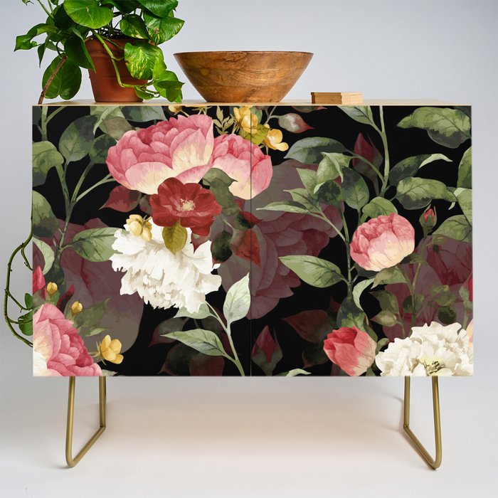 Floral Flower Pattern Watercolor White Pink Flowers Black Background Credenza Gallery Image 1