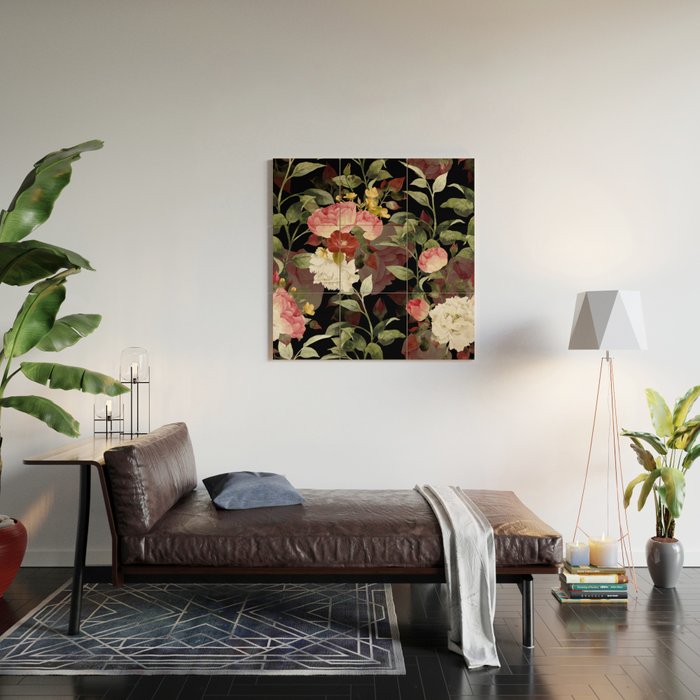 Floral Flower Pattern Watercolor White Pink Flowers Black Background Wood Wall Art Gallery Image 2