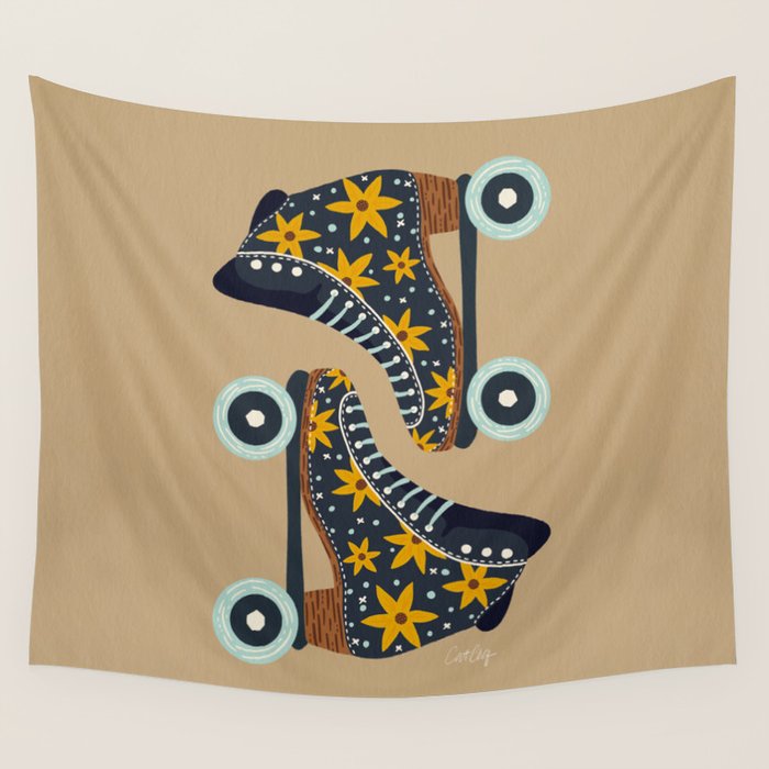 Retro Roller Skates - Teal & Yellow Palette Wall Tapestry Gallery Image 1