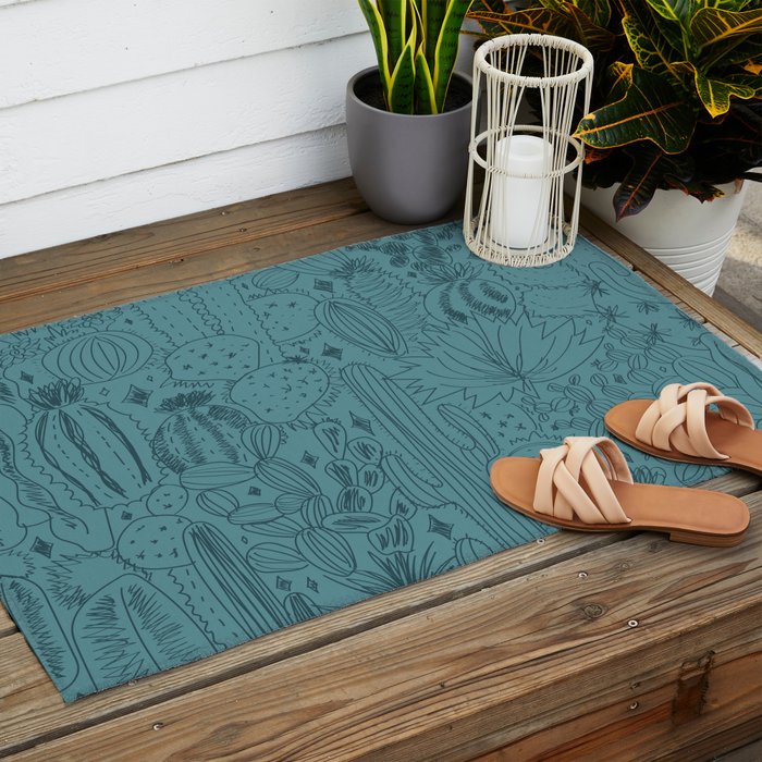 Cactus Scene in Blue Outdoor Rug Gallery Image 2