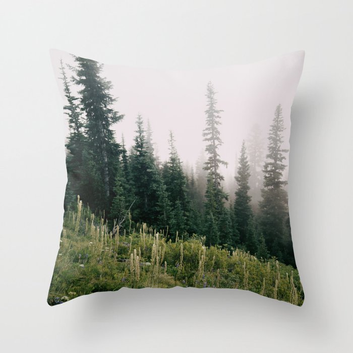 Foggy Green Forest Throw Pillow Gallery Image 1