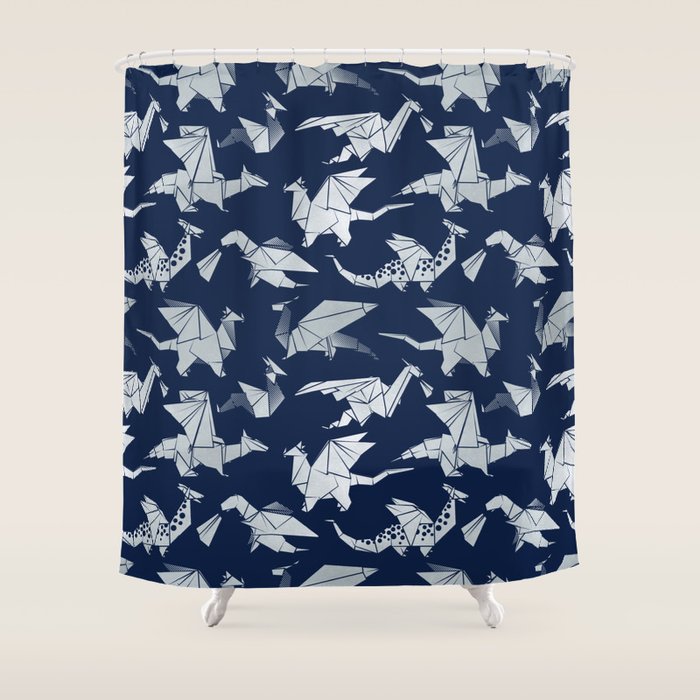 Origami metallic dragon friends // oxford navy blue background metal silver fantasy animals Shower Curtain Gallery Image 1