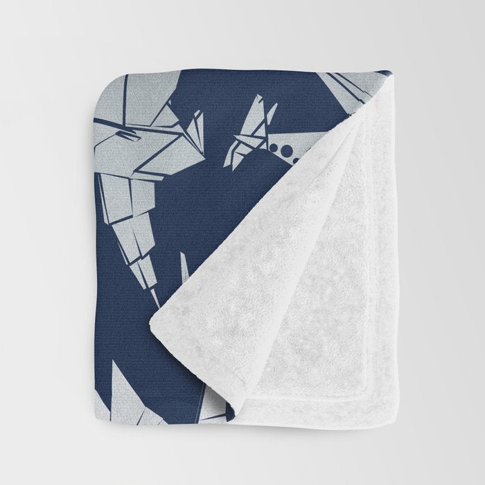 Origami metallic dragon friends // oxford navy blue background metal silver fantasy animals Throw Blanket Gallery Image 3
