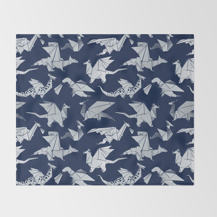 Origami metallic dragon friends // oxford navy blue background metal silver fantasy animals Throw Blanket Gallery Image 2