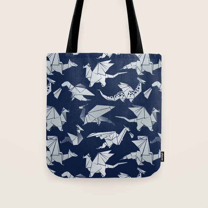 Origami metallic dragon friends // oxford navy blue background metal silver fantasy animals Tote Bag Gallery Image 1