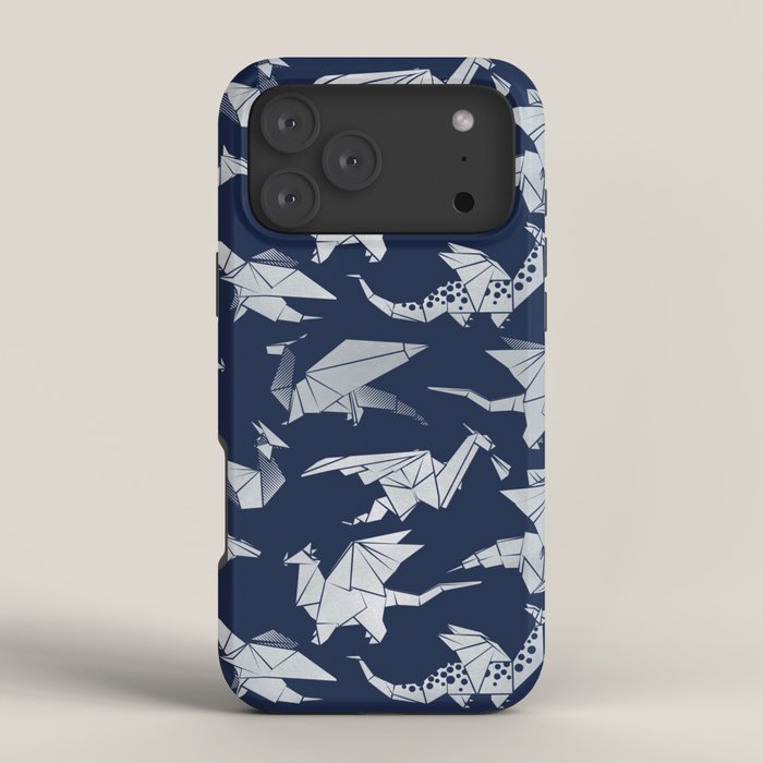 Origami metallic dragon friends // oxford navy blue background metal silver fantasy animals iPhone Case Gallery Image 4