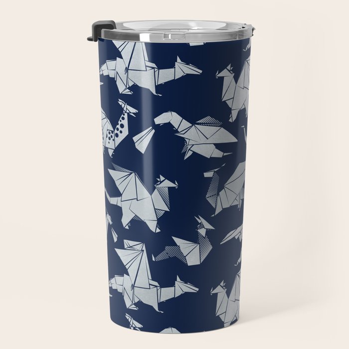 Origami metallic dragon friends // oxford navy blue background metal silver fantasy animals Travel Mug Gallery Image 3