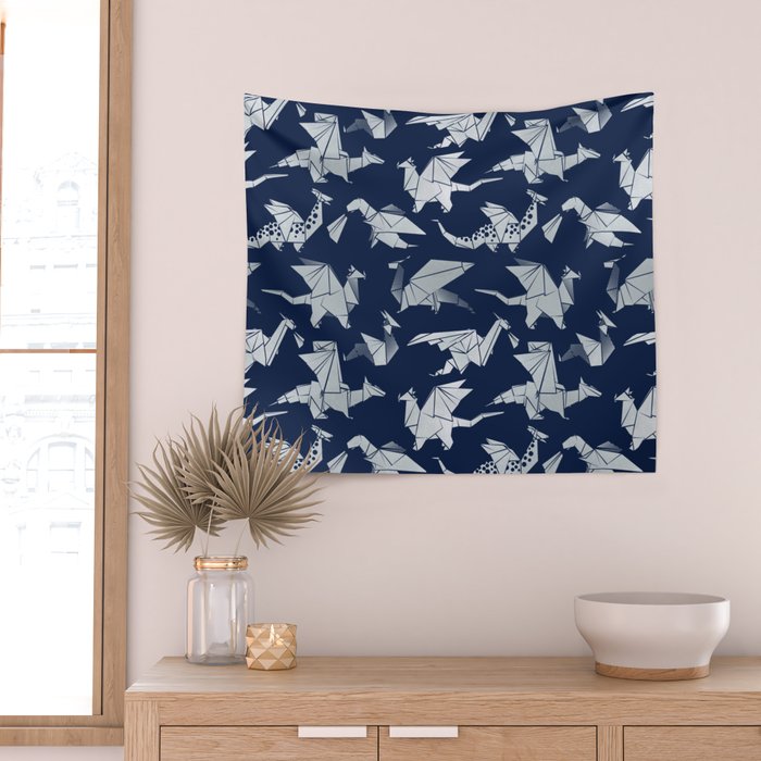 Origami metallic dragon friends // oxford navy blue background metal silver fantasy animals Wall Tapestry Gallery Image 2