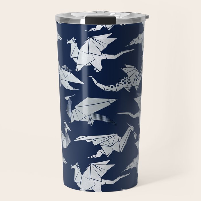 Origami metallic dragon friends // oxford navy blue background metal silver fantasy animals Travel Mug Gallery Image 1