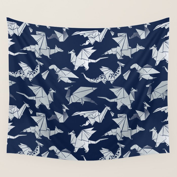 Origami metallic dragon friends // oxford navy blue background metal silver fantasy animals Wall Tapestry Gallery Image 1