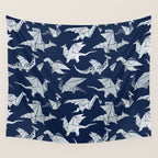 Origami metallic dragon friends // oxford navy blue background metal silver fantasy animals Wall Tapestry Gallery Image 4