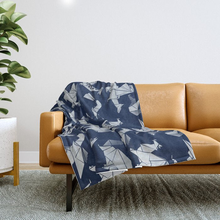 Origami metallic dragon friends // oxford navy blue background metal silver fantasy animals Throw Blanket Gallery Image 1