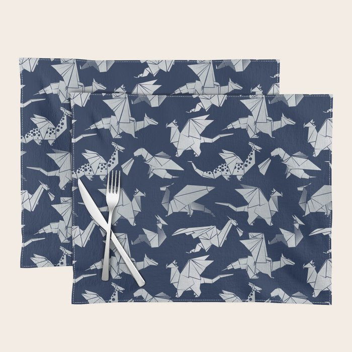 Origami metallic dragon friends // oxford navy blue background metal silver fantasy animals Placemat Gallery Image 1