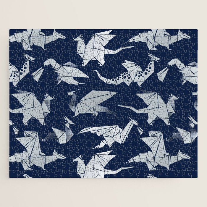 Origami metallic dragon friends // oxford navy blue background metal silver fantasy animals Jigsaw Puzzle Gallery Image 1