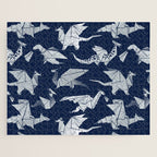 Origami metallic dragon friends // oxford navy blue background metal silver fantasy animals Jigsaw Puzzle Gallery Image 1