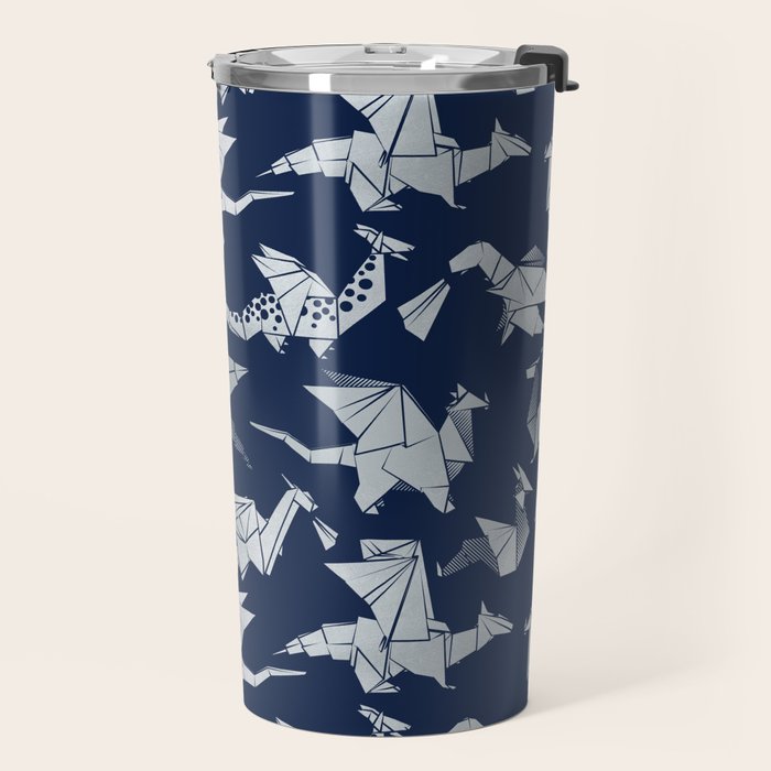 Origami metallic dragon friends // oxford navy blue background metal silver fantasy animals Travel Mug Gallery Image 2