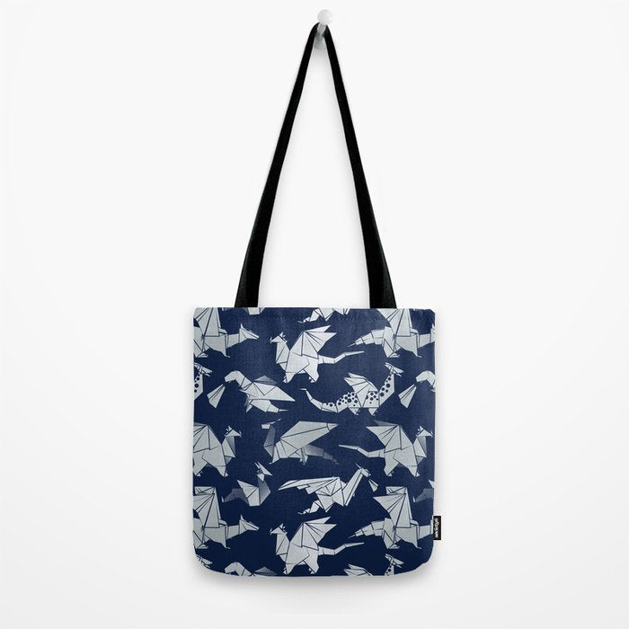 Origami metallic dragon friends // oxford navy blue background metal silver fantasy animals Tote Bag Gallery Image 2
