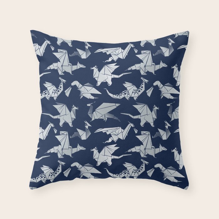 Origami metallic dragon friends // oxford navy blue background metal silver fantasy animals Throw Pillow Gallery Image 1