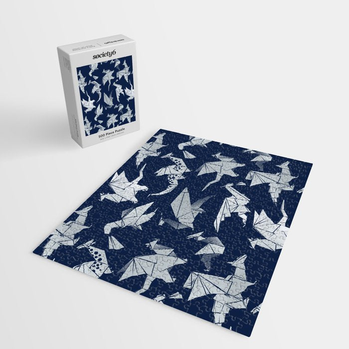 Origami metallic dragon friends // oxford navy blue background metal silver fantasy animals Jigsaw Puzzle Gallery Image 2