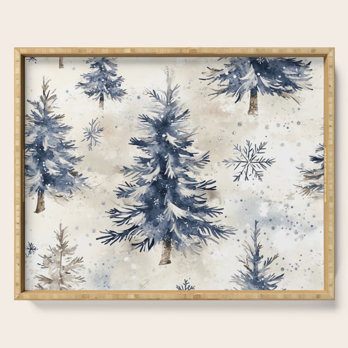 Blue beige winter christmas trees watercolor illustration Serving Tray Gallery Image 1