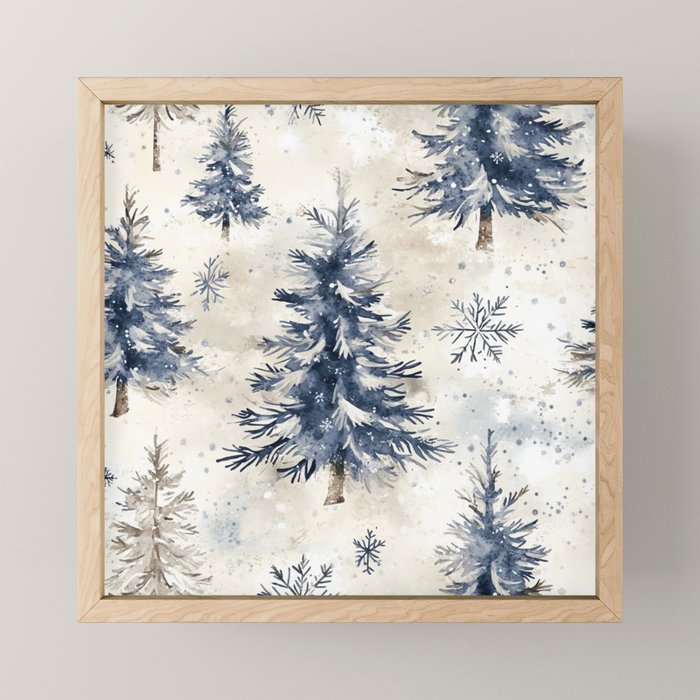 Blue beige winter christmas trees watercolor illustration Mini Art Print Gallery Image 1