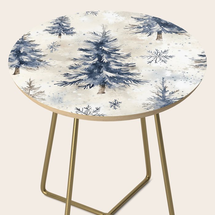 Blue beige winter christmas trees watercolor illustration Side Table Gallery Image 2