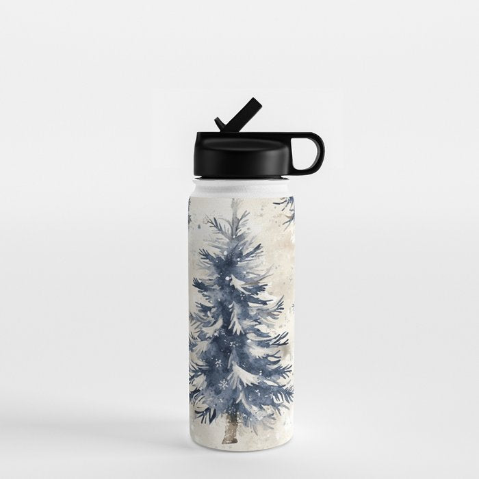 Blue beige winter christmas trees watercolor illustration Water Bottle Gallery Image 1