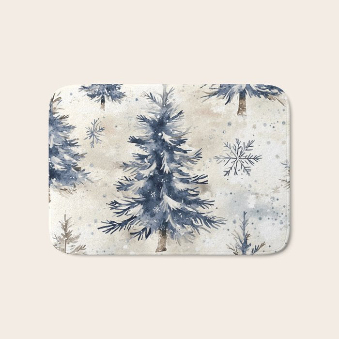 Blue beige winter christmas trees watercolor illustration Bath Mat Gallery Image 1