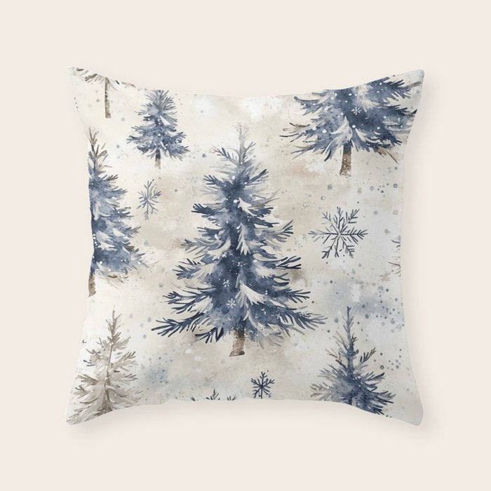 Blue beige winter christmas trees watercolor illustration Throw Pillow Gallery Image 6