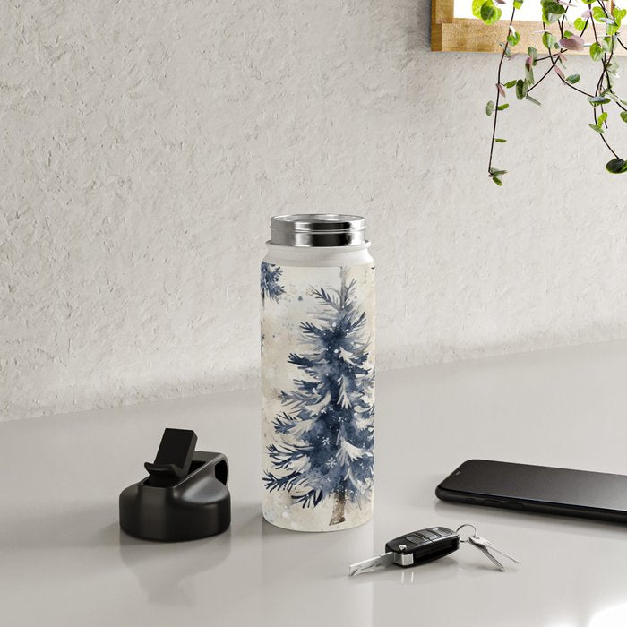 Blue beige winter christmas trees watercolor illustration Water Bottle Gallery Image 4