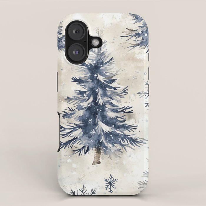 Blue beige winter christmas trees watercolor illustration iPhone Case Gallery Image 1