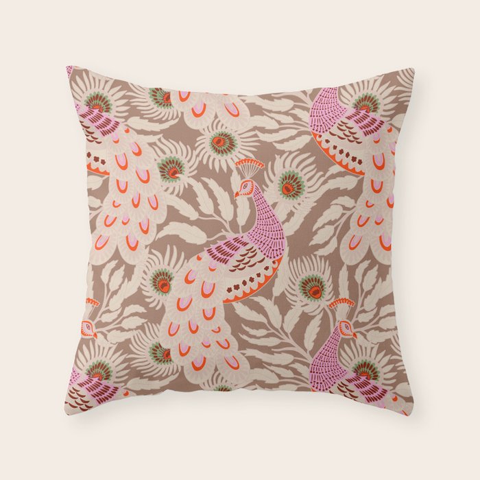 FARMFOLK PEACOCK Inspired by PANTONE 17 1230 Mocha Mousse Throw Pillow Gallery Image 6