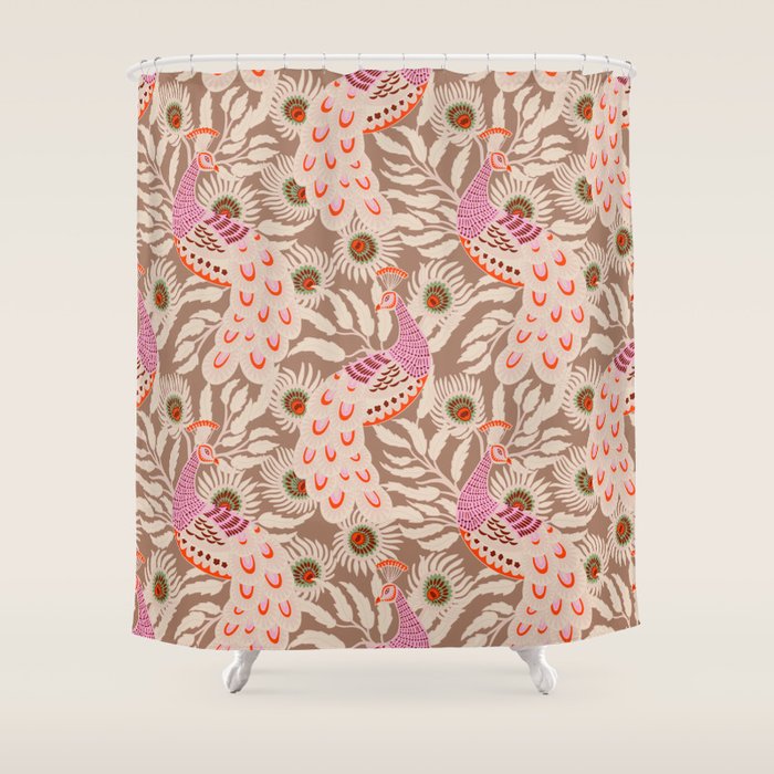FARMFOLK PEACOCK Inspired by PANTONE 17 1230 Mocha Mousse Shower Curtain Gallery Image 1
