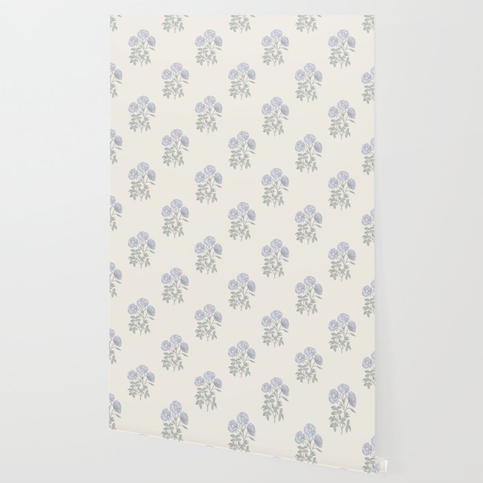 Vintage Sketched Floral Block Print - Blue Beige Wallpaper Gallery Image 2