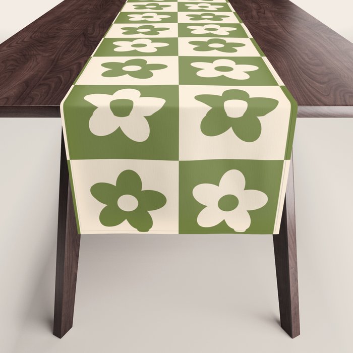 90s flowers checkers cream and green Table Runner Gallery Image 1