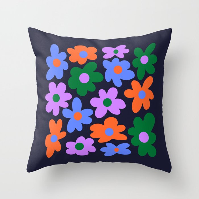 Retro Flowers: Midnight Black Edition Throw Pillow Gallery Image 1