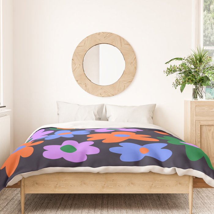 Retro Flowers: Midnight Black Edition Duvet Cover Gallery Image 3