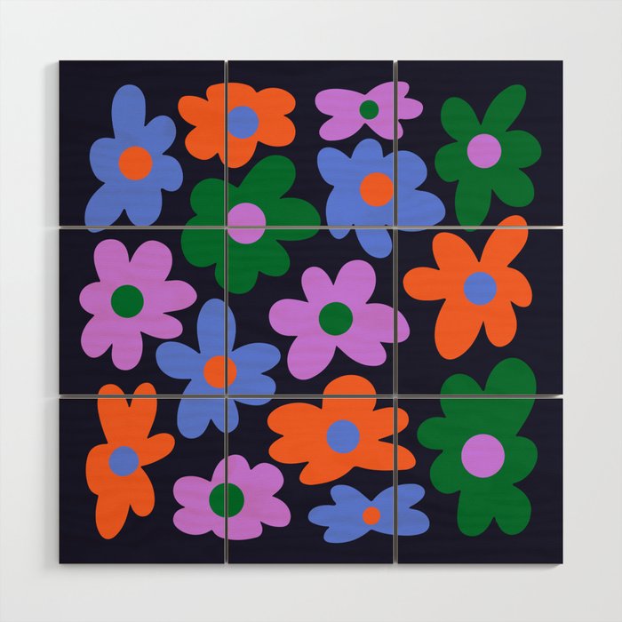 Retro Flowers: Midnight Black Edition Wood Wall Art Gallery Image 1