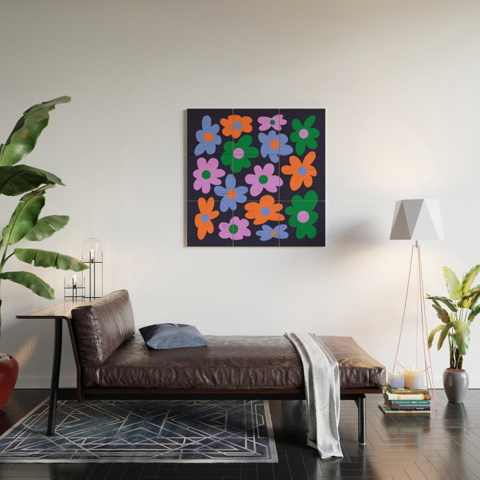 Retro Flowers: Midnight Black Edition Wood Wall Art Gallery Image 2