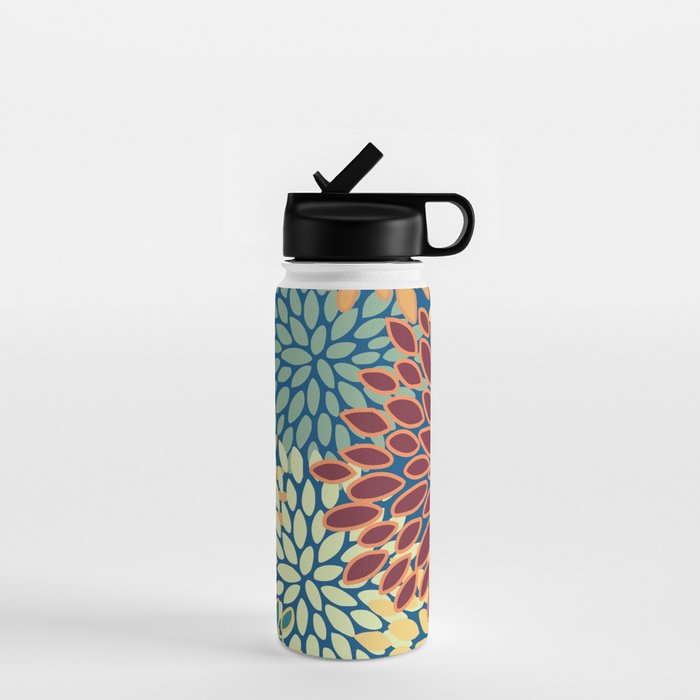 Festive Floral Prints, Red, Teal, Yellow, Orange, Colourful Prints Water Bottle Gallery Image 1