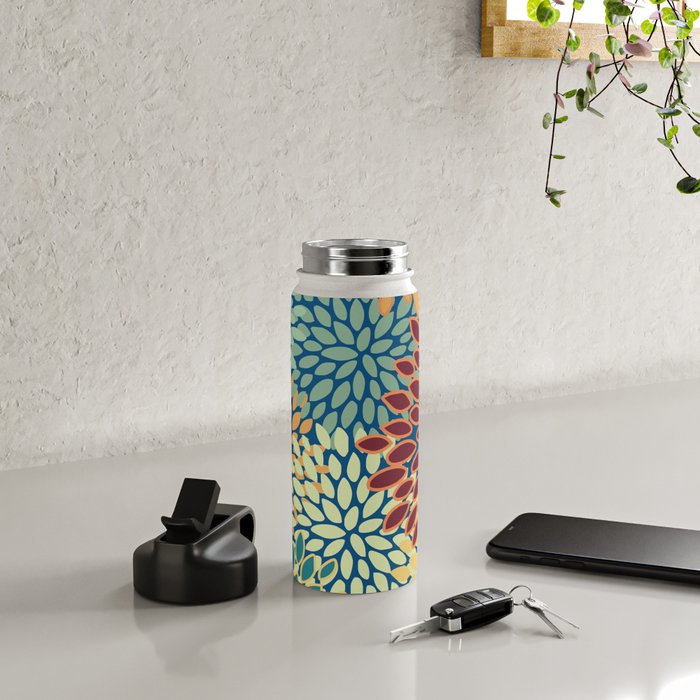 Festive Floral Prints, Red, Teal, Yellow, Orange, Colourful Prints Water Bottle Gallery Image 4