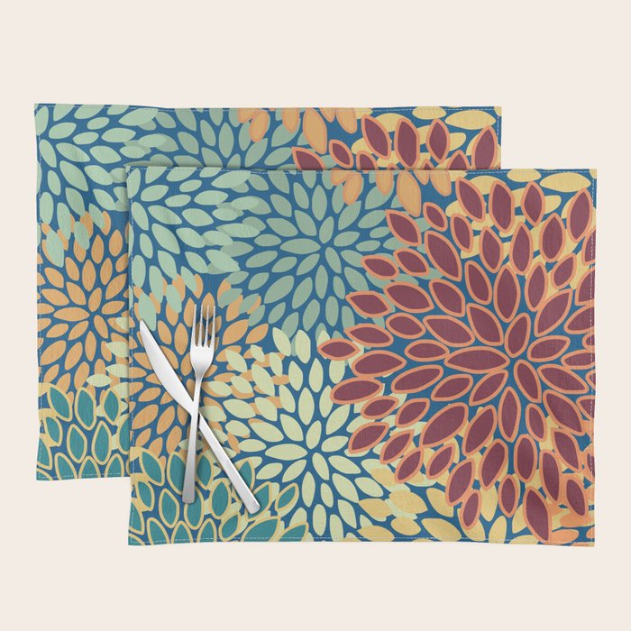 Festive Floral Prints, Red, Teal, Yellow, Orange, Colourful Prints Placemat Gallery Image 1