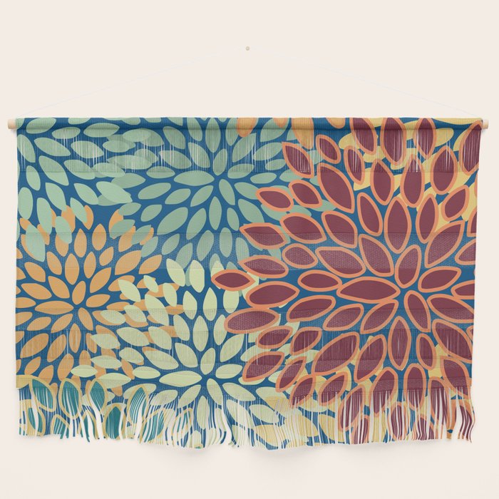 Festive Floral Prints, Red, Teal, Yellow, Orange, Colourful Prints Wall Hanging Gallery Image 1